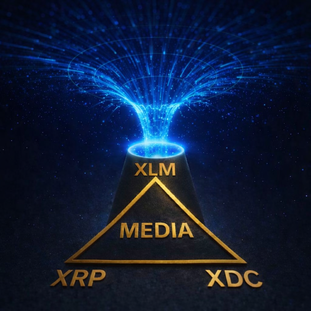 A blue portal or black hole opens into a gold triangle representing the token economy, with XLM at the top, XLM at the bottom left, XRP at the bottom right, and Media at the center.